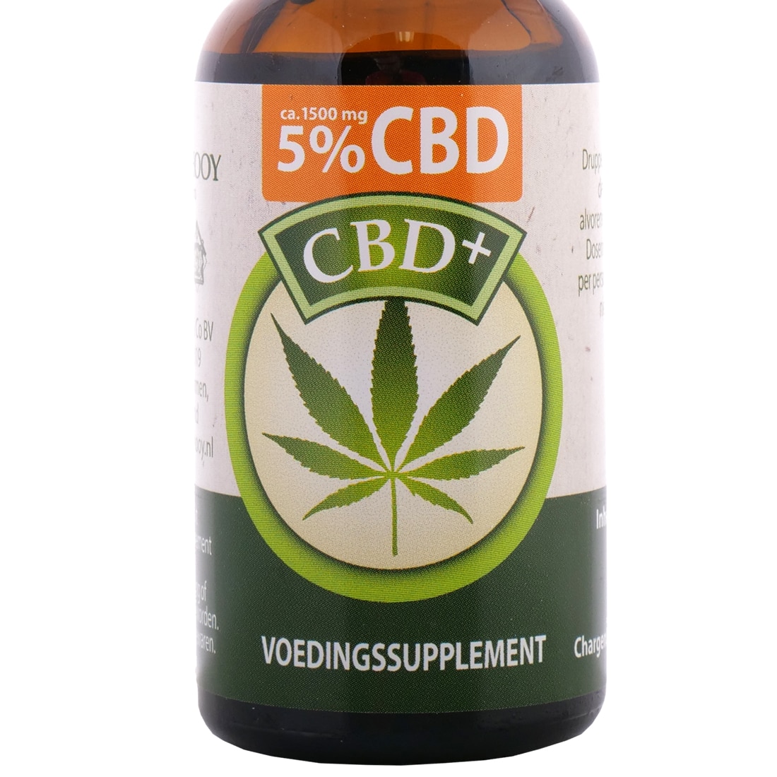 Een flesje Jacob Hooy - CBD olie 5% (30ml) zittend op een witte ondergrond. miniatuur