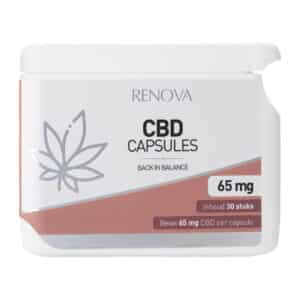 Renova – CBD capsules 40% (65 mg) container, met 30 capsules, verpakt in bruin en wit met een bladmotief.
