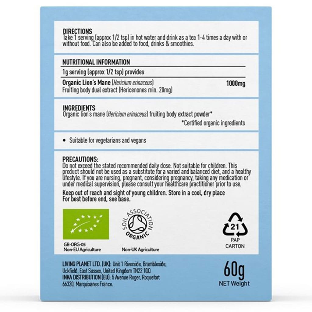 De achterkant van de Mushrooms4Life – Biologische paddenstoel Lion's Mane Poeder (60 gram) verpakking geeft instructies, voedingsinformatie, geschikte certificeringen, voorzorgsmaatregelen en details van de fabrikant. Dit gecertificeerde biologische product vermeldt ingrediënten zoals Organic Lion's Mane. miniatuur