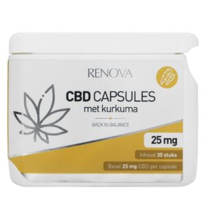 Een flesje Renova - CBD capsules naast een bakje Renova - CBD capsules.