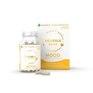 Een doos Neubria Mood Shine Capsules (60 stuks) naast een fles.