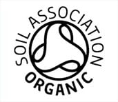 De Mushrooms4Life Biologische paddenstoel Chaga Capsules (60 stuks) zijn voorzien van een zwart-wit Soil Association Organic logo, met "Soil Association Organic" rondom een abstract cirkelvormig ontwerp. miniatuur