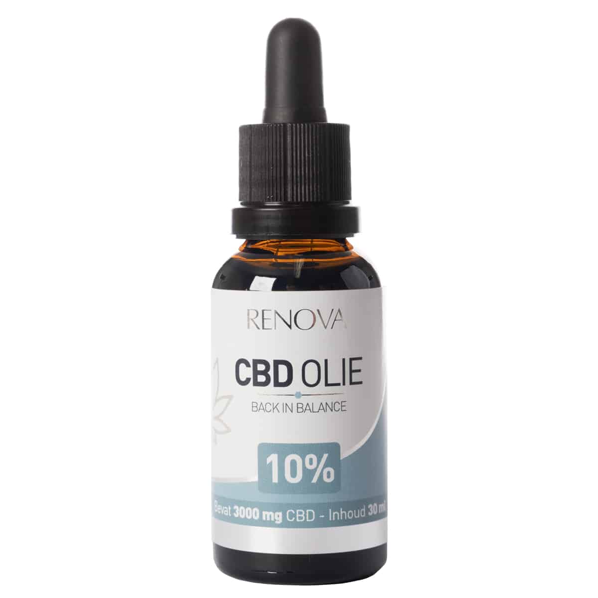 Een fles Renova - CBD olie 10% (30ml) op een witte achtergrond.