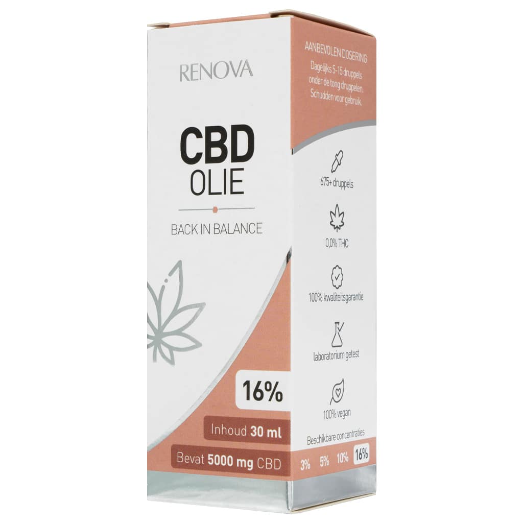 Een doos Renova - CBD olie 16% (30ml) bovenop een tafel. miniatuur
