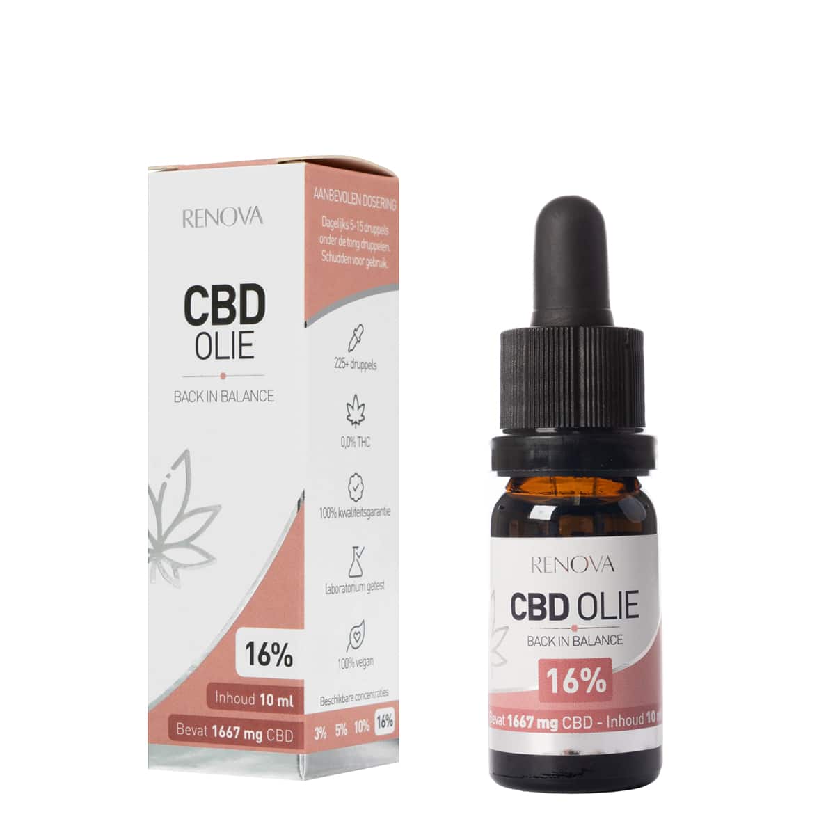 Een flesje Renova - CBD olie 16% (10ml) naast een doosje Renova - CBD olie 16% (10ml). miniatuur
