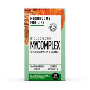 Een doos met het label "Mushrooms4Life - Biologische paddenstoel MyComplex Capsules" bevat Reishi, Cordyceps, Maitake. Het bevat 60 capsules met pure extracten, onafhankelijk getest en biologisch gecertificeerd.