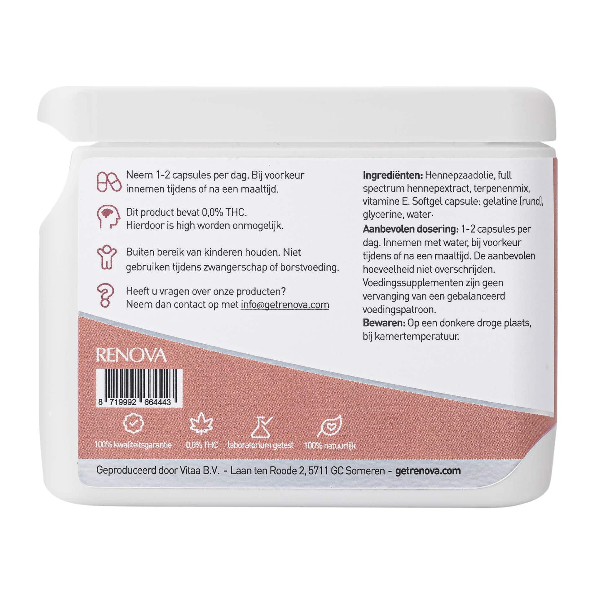 Container met Renova – CBD capsules 40% (65 mg) met doseringsinstructies, ingrediëntenlijst in het Nederlands, THC-gehalte-informatie en contactgegevens voor vragen. miniatuur