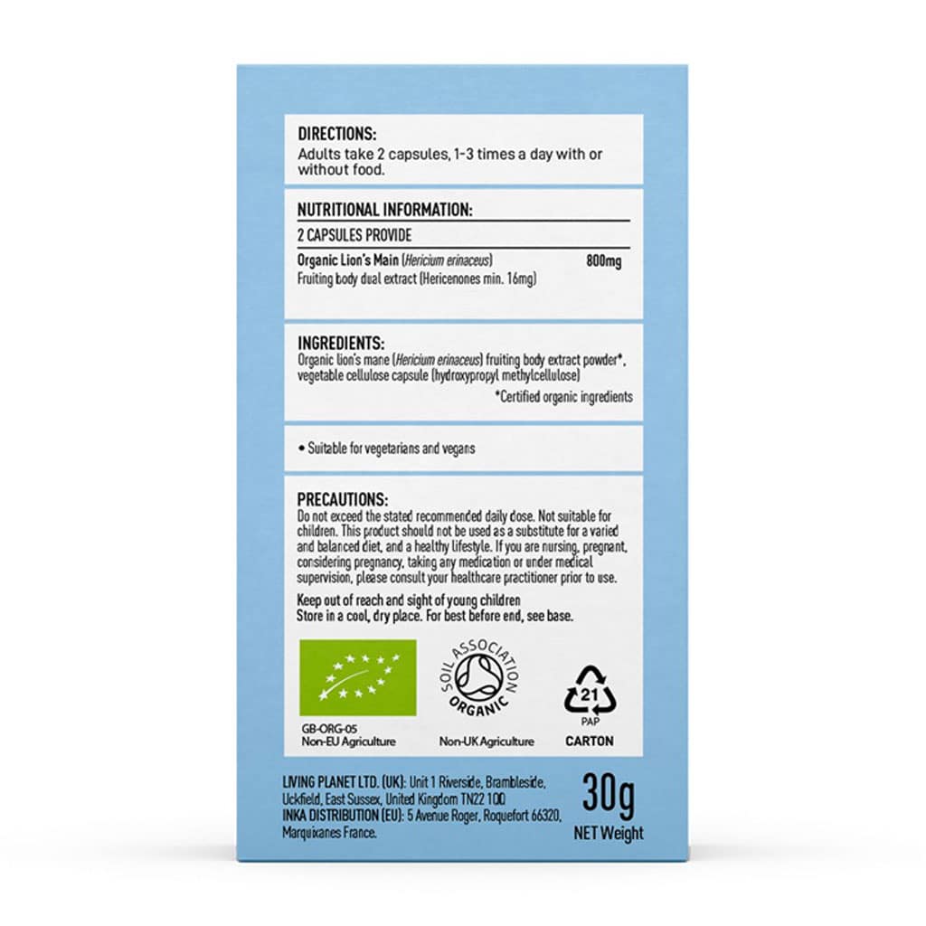 Etiket op de fles Mushrooms4Life - Biologische paddenstoel Lion's Mane Capsules (60 stuks) met daarop de gebruiksaanwijzing, voedingsinformatie, ingrediënten, voorzorgsmaatregelen, certificeringen en contactgegevens. miniatuur