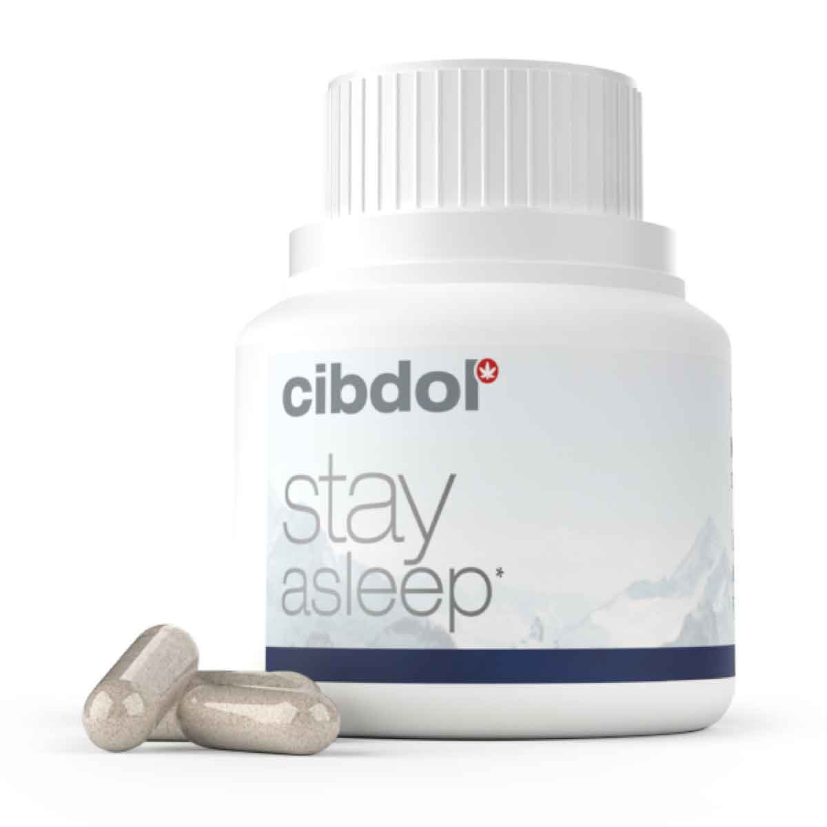 Op een witte fles met het label "Cibdol - Stay Asleep CBD en CBN capsules (30 stuks)" staat een witte fles afgebeeld met ernaast twee grijze capsules. miniatuur