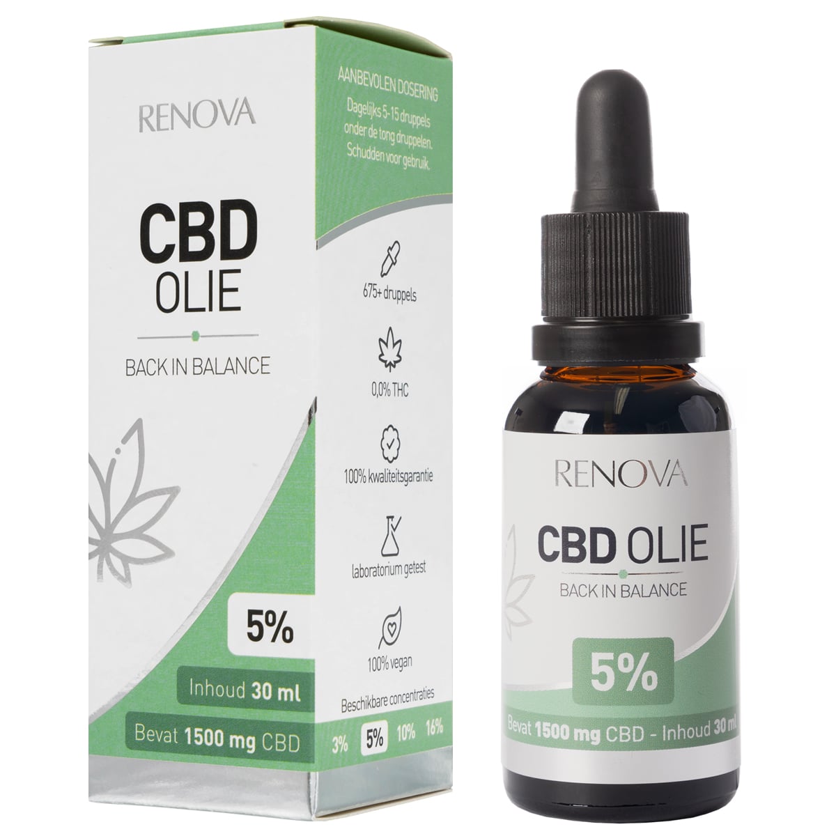 Een flesje Renova - CBD olie 5% (30ml) naast een doosje Renova - CBD olie 5% (30ml). miniatuur