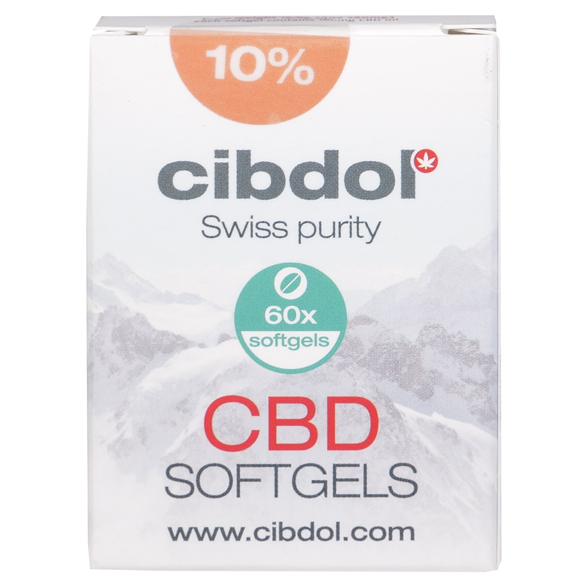 Een doos Cibdol CBD softgels 10% capsules (60 stuks - 16mg) op een witte achtergrond. miniatuur