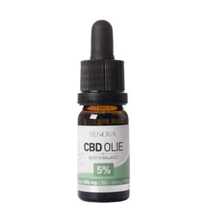 Een flesje Renova - CBD olie 5% (10ml) op een witte achtergrond.