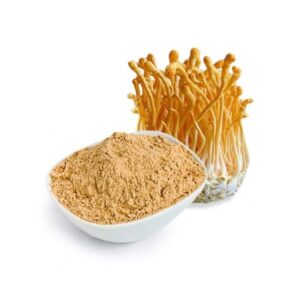 een bakje Mushrooms4Life - Biologische paddenstoel Cordyceps Capsules (60 stuks) naast een zakje Mushrooms4Life - Biologische paddenstoel Cordyceps Capsules (60 stuks).