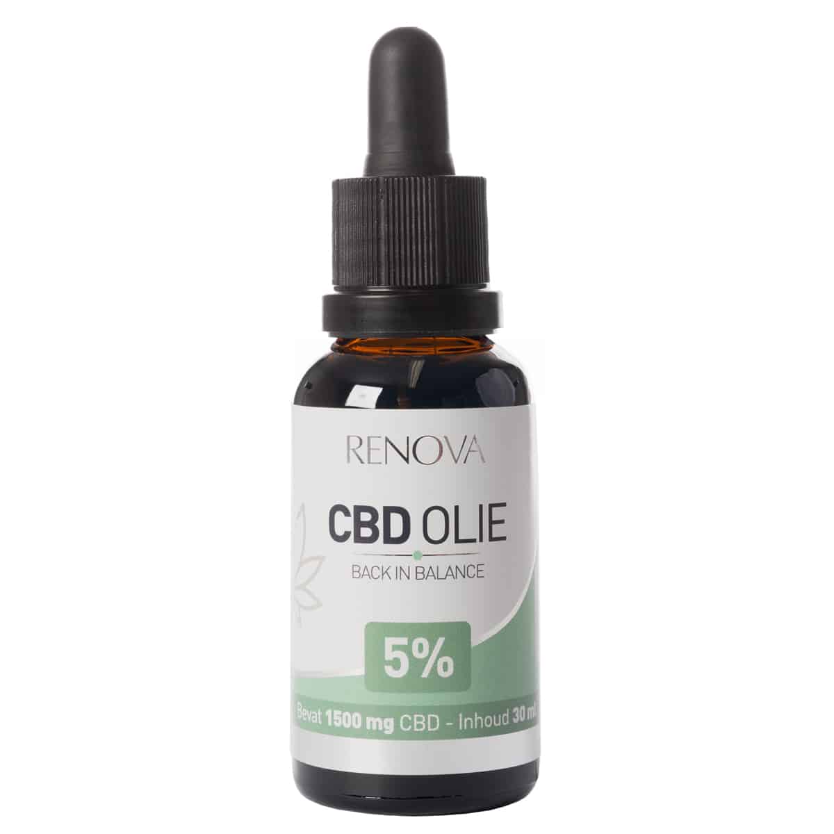 Een fles Renova - CBD olie 5% (30ml) op een witte achtergrond.