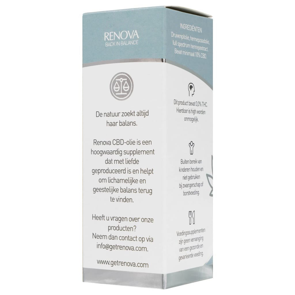Een wit doosje met een blauw label erop bevat Renova - CBD olie 10% (30ml). miniatuur