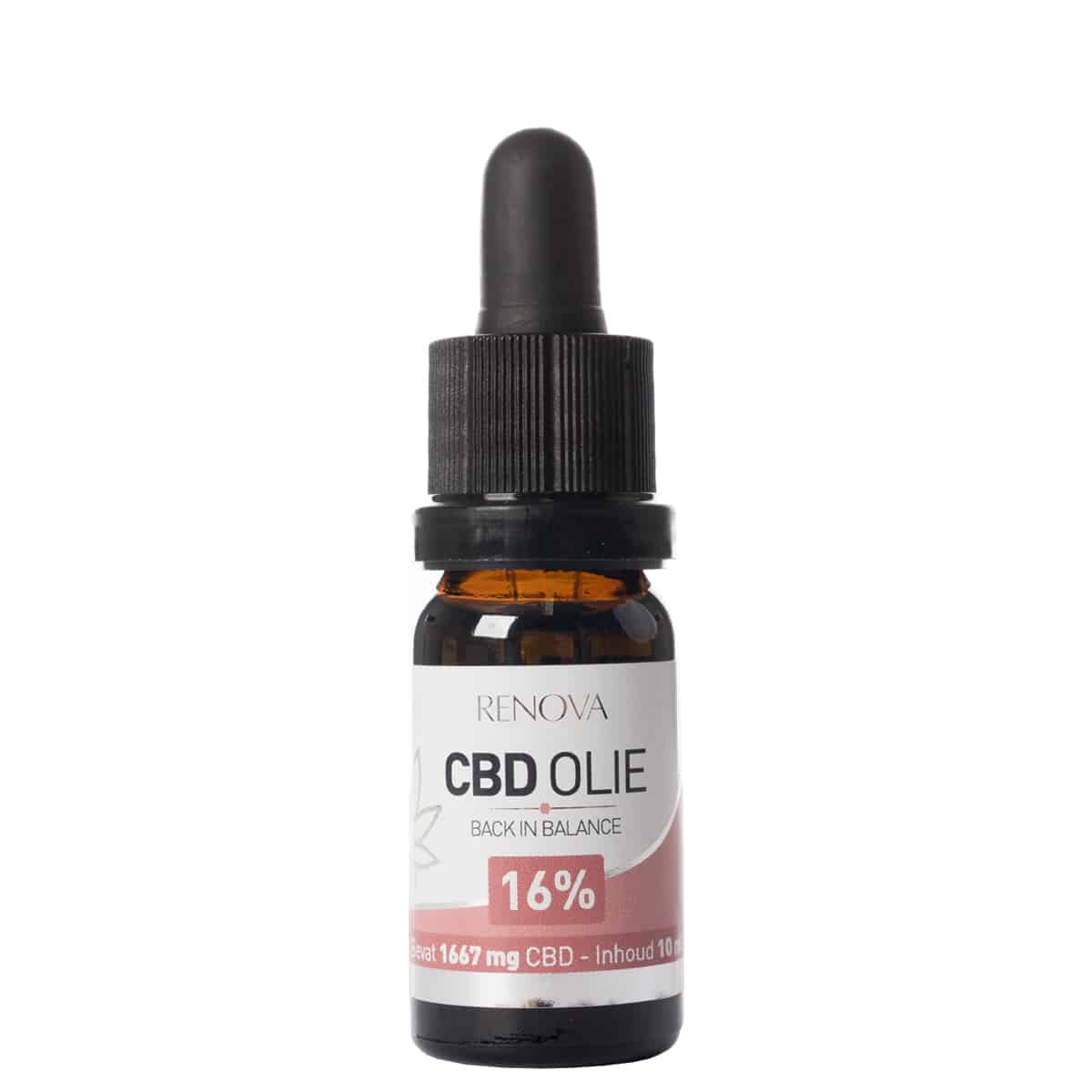 Een fles Renova - CBD olie 16% (10ml) op een witte achtergrond.