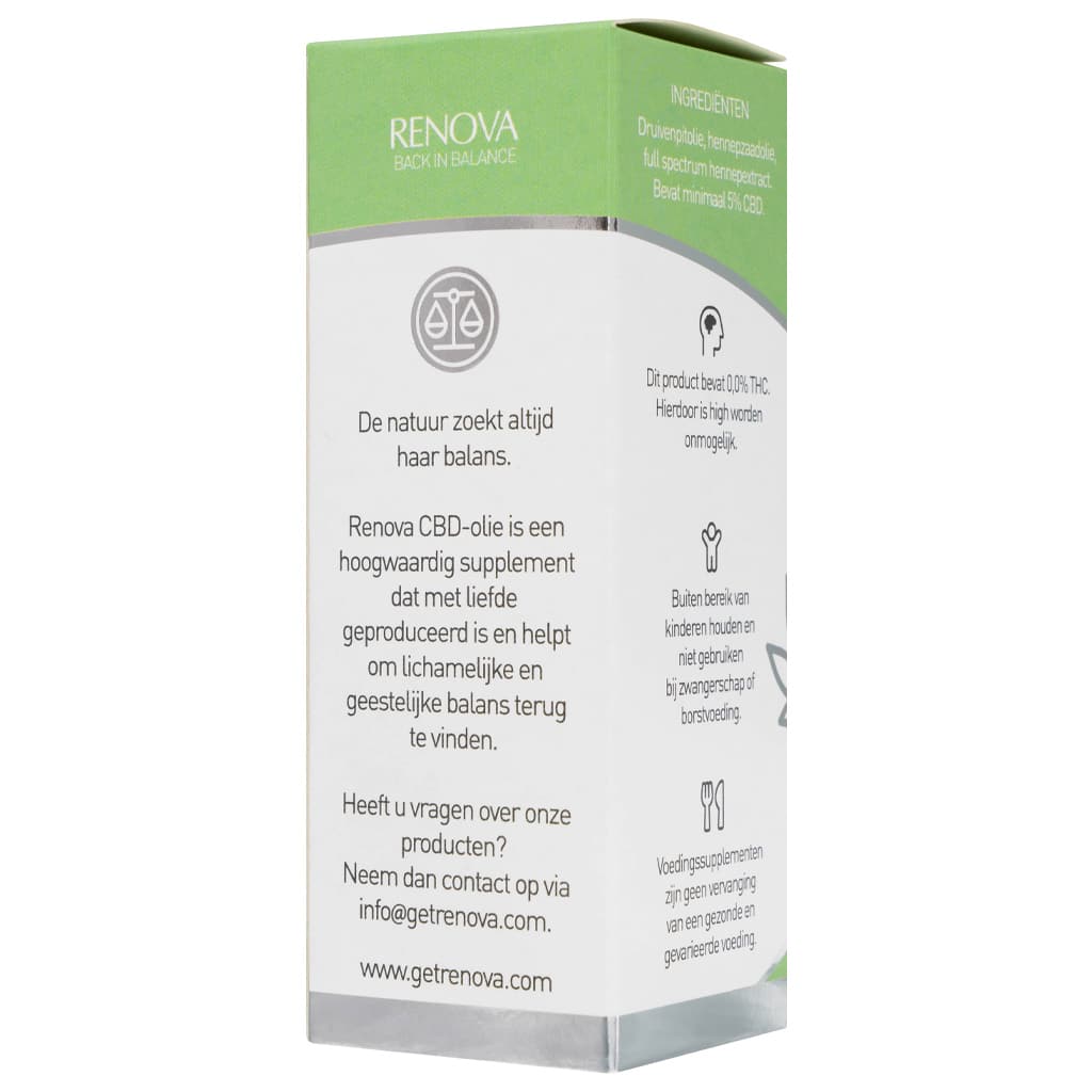 Een wit doosje met een groen label erop met daarin Renova - CBD olie 5% (30ml). miniatuur