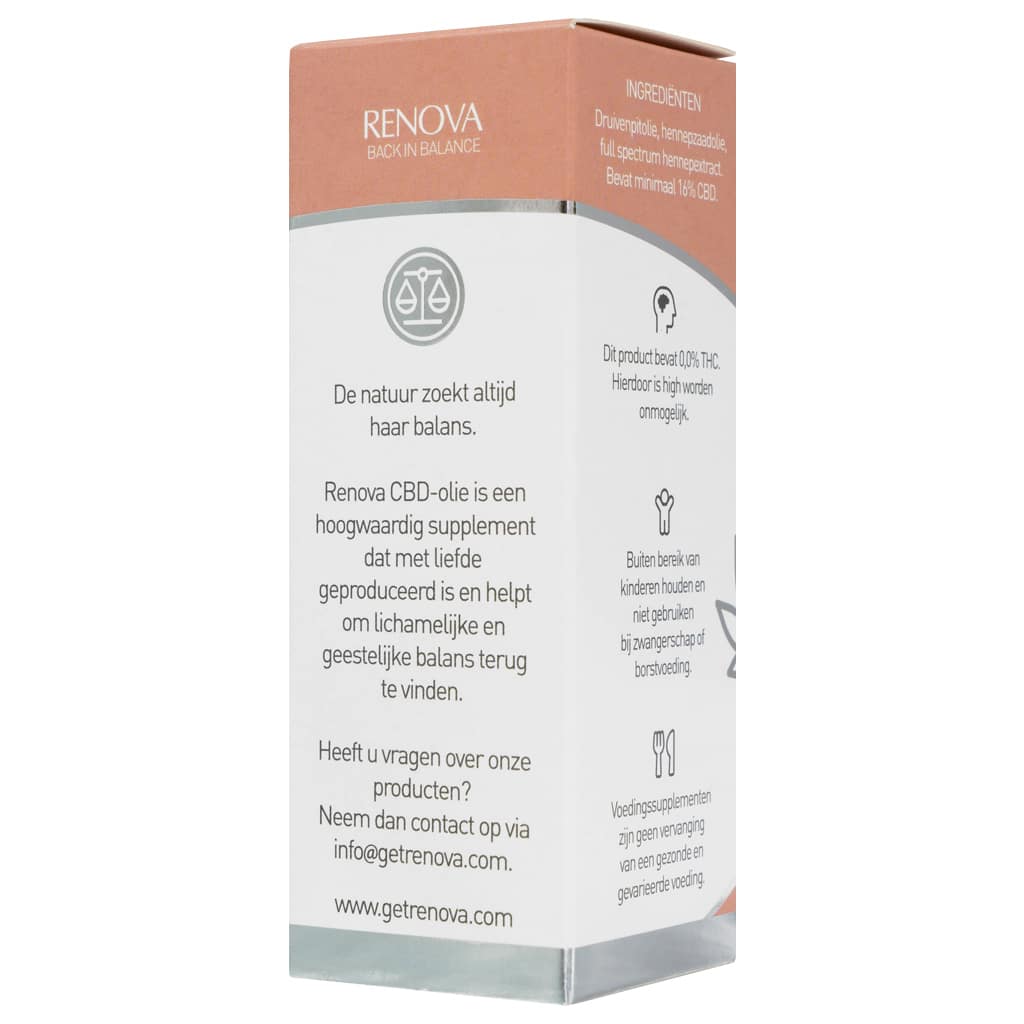 Een flesje Renova - CBD olie 16% (30ml) op een witte achtergrond. miniatuur