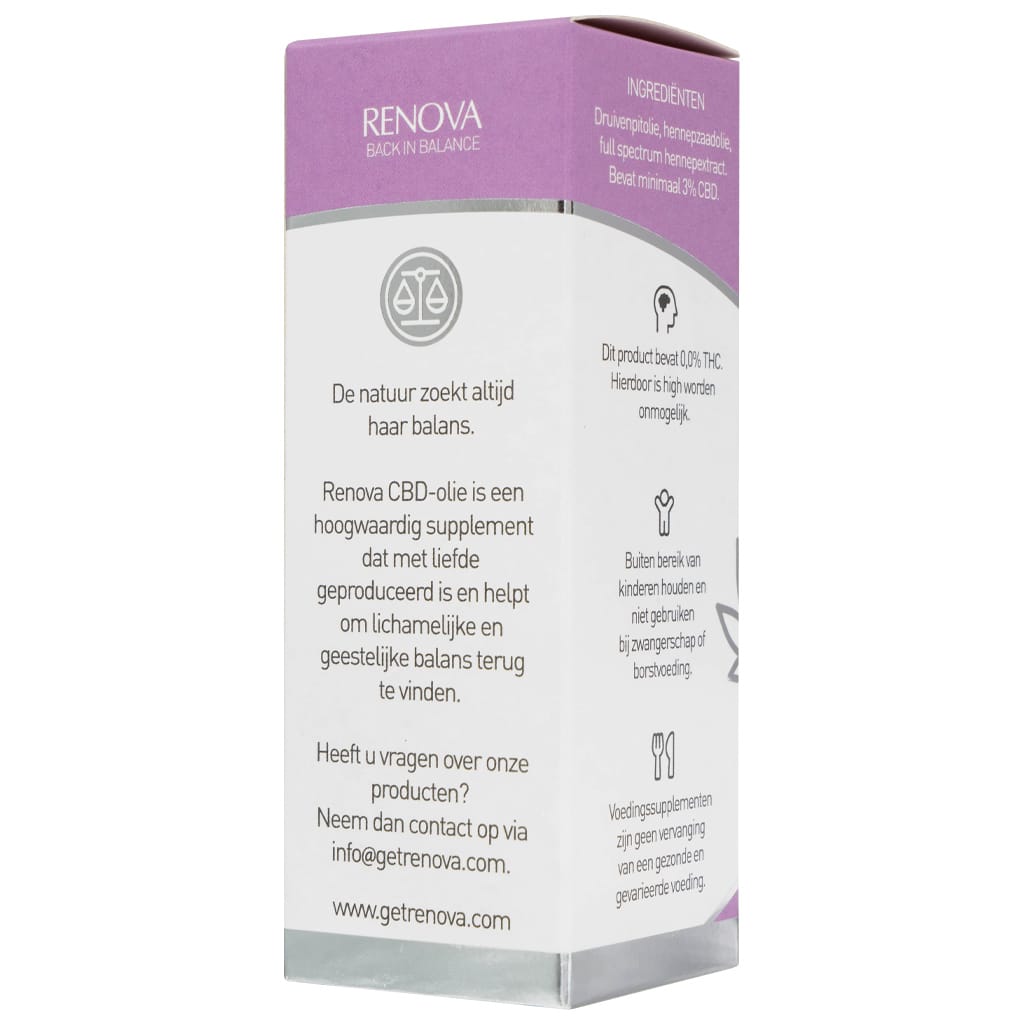 Een wit doosje met een paars label erop - Renova CBD olie 3% (30ml) miniatuur