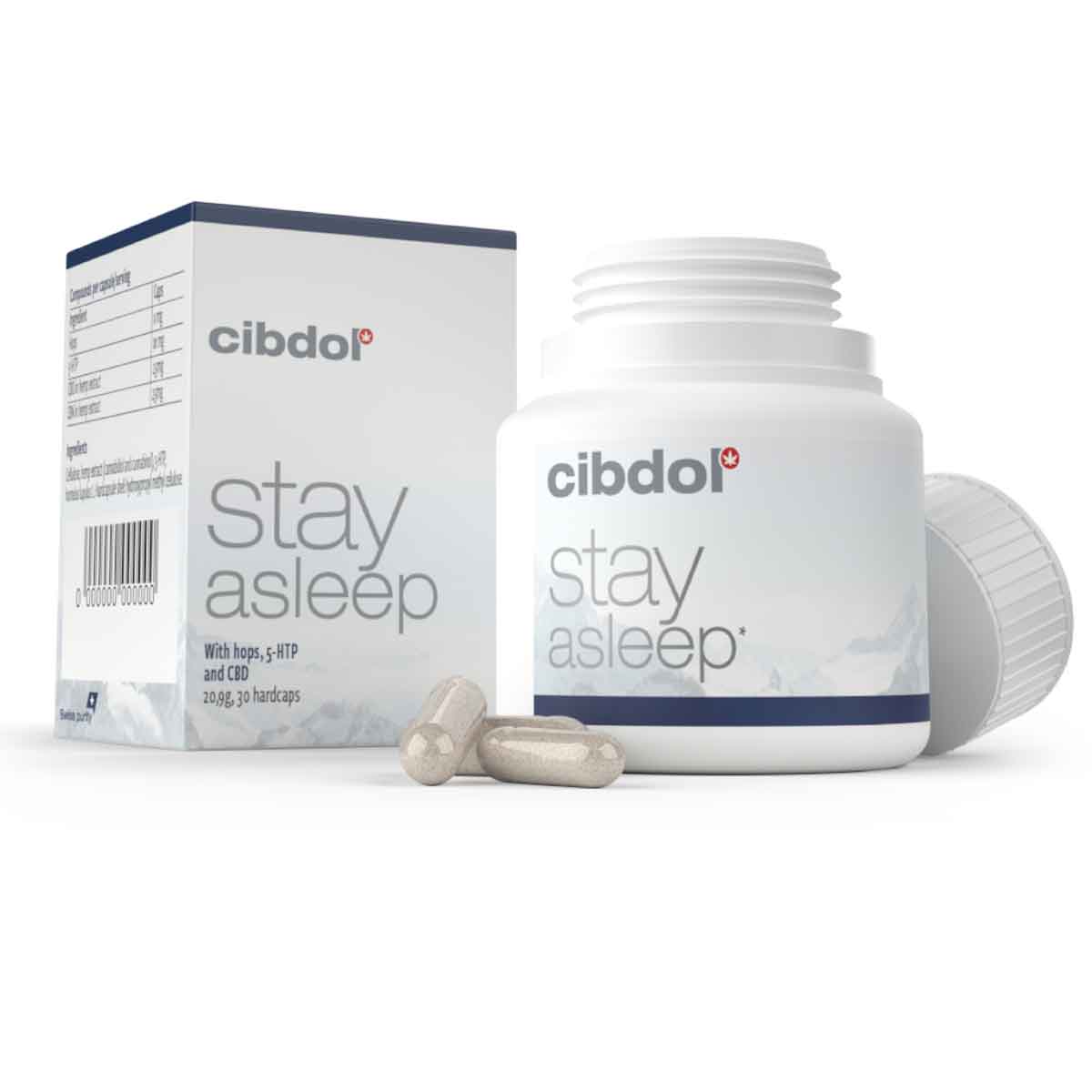 Er wordt een fles en doos Cibdol - Stay Asleep CBD en CBN capsules (30 stuks) getoond, met twee capsules voor de open fles. miniatuur