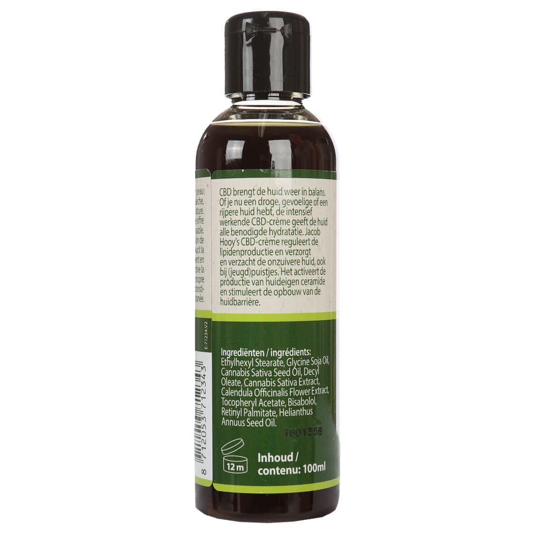 Een flesje CBD Huidolie van Jacob Hooy (100ml) met een etiket erop. miniatuur