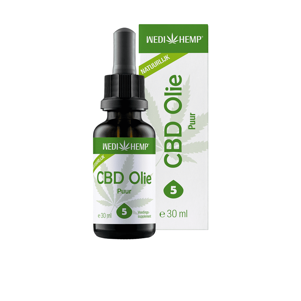 Een flesje Wedihemp - CBD olie 5% PUUR (30ml) op een witte achtergrond.