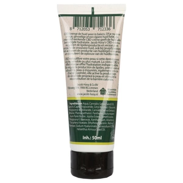 Een tube CBD Crème van Jacob Hooy (50ml) op een witte ondergrond.