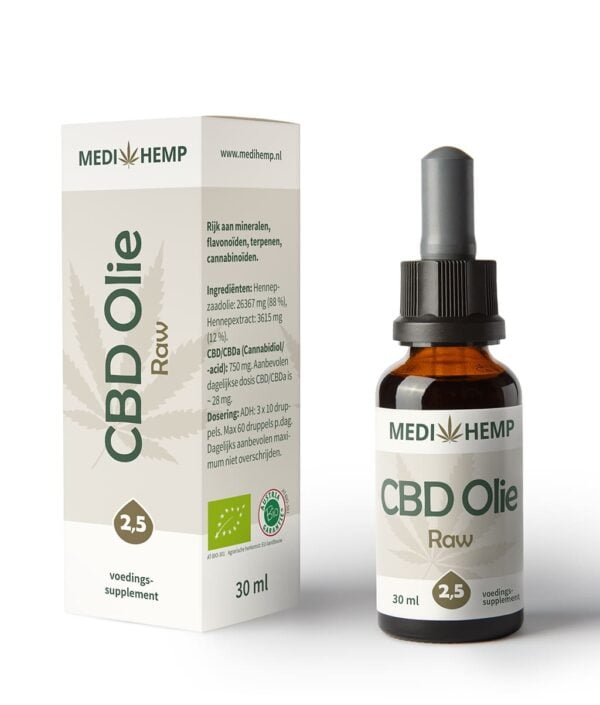 Een flesje Medihemp - CBD olie 2,5% RAW (30ml) naast een doosje Medihemp - CBD olie 2,5% RAW (30ml).