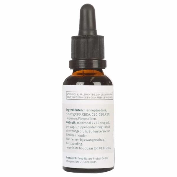 een flesje Medihemp CBD olie 2,5% RAW (30ml).