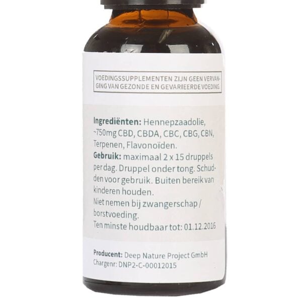 Een close-up van een flesje Medihemp - CBD olie 2,5% RAW (30ml) supplement.
