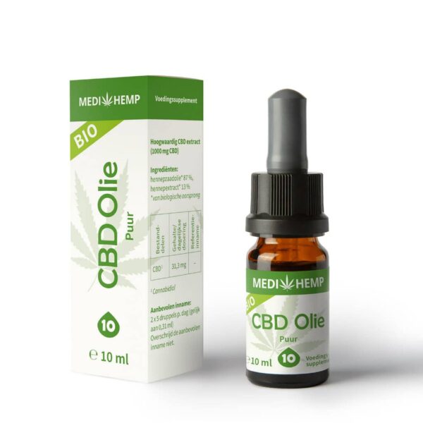 Een flesje Medihemp - CBD olie 10% PUUR (10ml) naast een doosje Medihemp - CBD olie 10% PUUR.