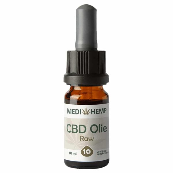Een flesje Medihemp - CBD olie 10% PUUR (10ml) op een witte achtergrond.