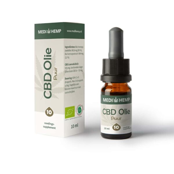 Een flesje Medihemp - CBD olie 10% PUUR (10ml) naast een doosje.