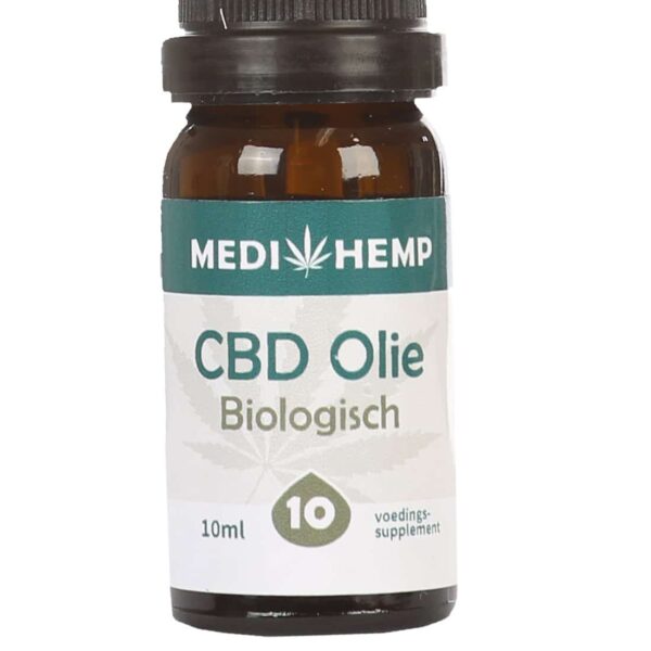 Een flesje Medihemp - CBD olie 10% PUUR (10ml) op een witte achtergrond.