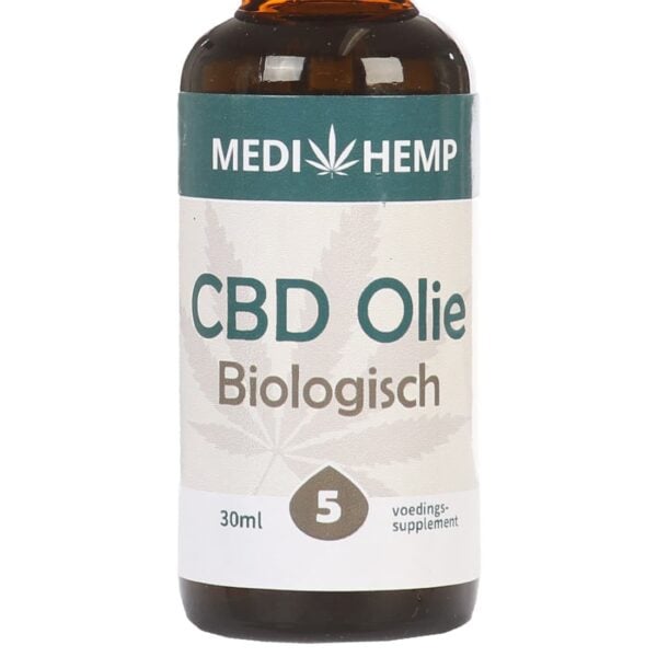 Een flesje Medihemp CBD olie 5% PUUR (30ml) op een witte achtergrond.
