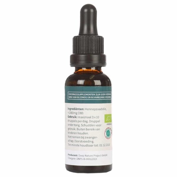 Een close up van een flesje Medihemp - CBD olie 5% PUUR (30ml).