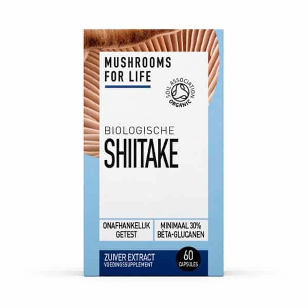 Doos Mushrooms4Life Biologische paddenstoel Shiitake Capsules, 60 stuks; onafhankelijk getest en bevat minimaal 30% bèta-glucanen.