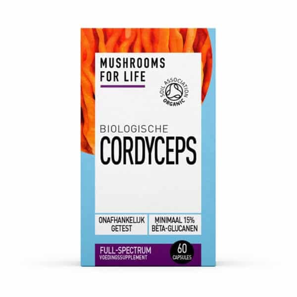 De verpakking van "Mushrooms4Life Biologische paddenstoel Cordyceps Capsules (60 stuks)" is voorzien van het Soil Association Organic-logo en bevat 60 capsules met "full-spectrum" en minimaal 15% bèta-glucaangehalte.
