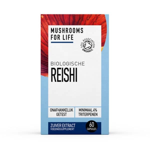 Een doos Mushrooms4Life Biologische paddenstoel Reishi Capsules (60 stuks), onafhankelijk getest en met minimaal 4% triterpenen.