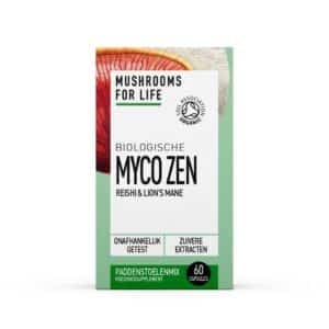 Een doosje Mushrooms4Life Biologische paddenstoel MyCo-Zen Capsules (60 stuks), biologisch en met Reishi- en Lion's Mane-paddenstoelextracten.