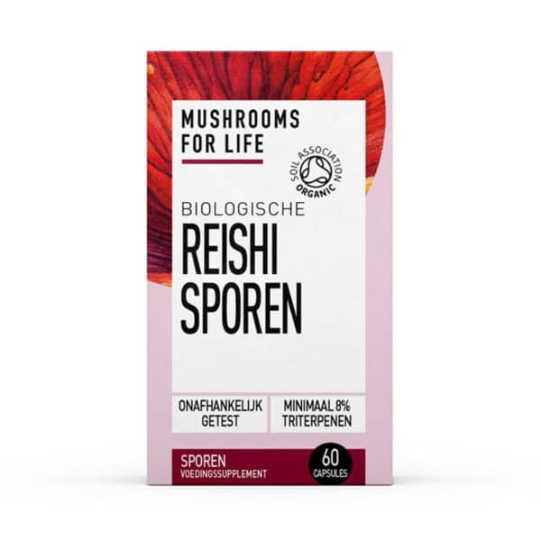 Doosje "Mushrooms4Life - Biologische paddenstoel Reishi Spore Capsules (60 stuks)," 60 capsules, met Nederlandse tekst.