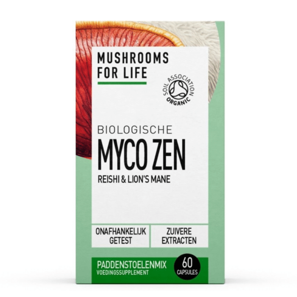 Mushrooms4Life - Biologische paddenstoel MyCo-Zen Capsules (60 stuks) met Reishi en Lion's Mane, biologisch gecertificeerd. Bevat pure extracten, onafhankelijk getest voor kwaliteit.