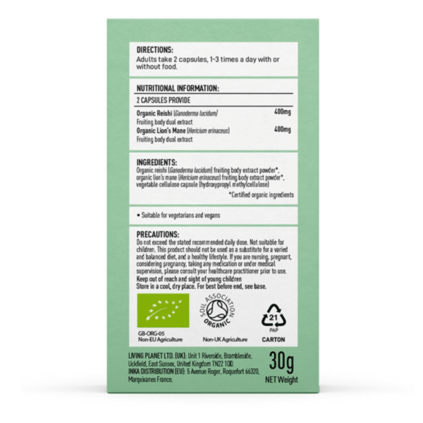 Achterkant van de doos van Mushrooms4Life Biologische paddenstoel MyCo-Zen Capsules (60 stuks) met aanwijzingen, voedingsinformatie, ingrediënten, certificeringen, voorzorgsmaatregelen en contactgegevens van distributeurs.
