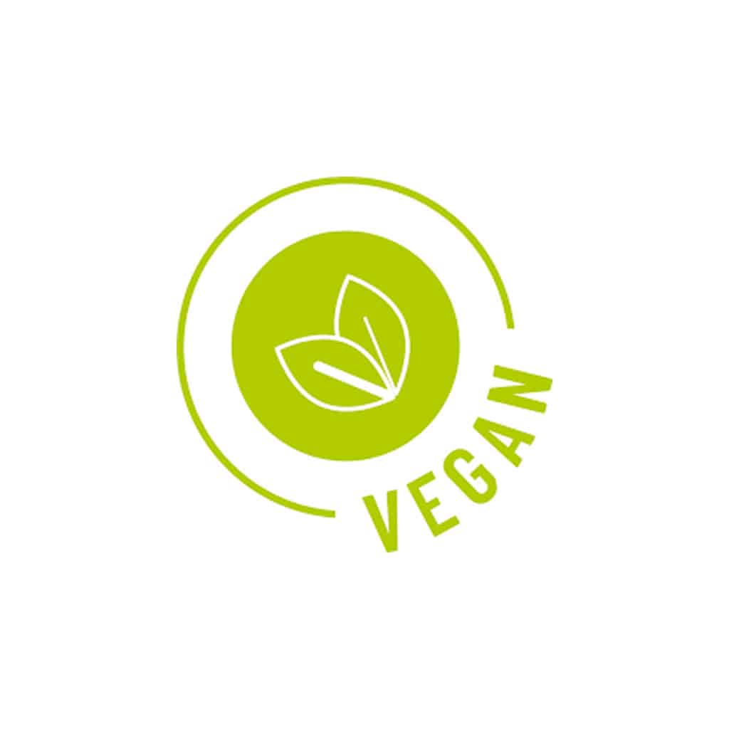 Een groene cirkel met twee omlijnde bladeren, een gedeeltelijke ring en "VEGAN" in hoofdletters geeft aan dat Mushrooms4Life - Biologische paddenstoel Chaga Capsules (60 stuks) een veganistisch product is.