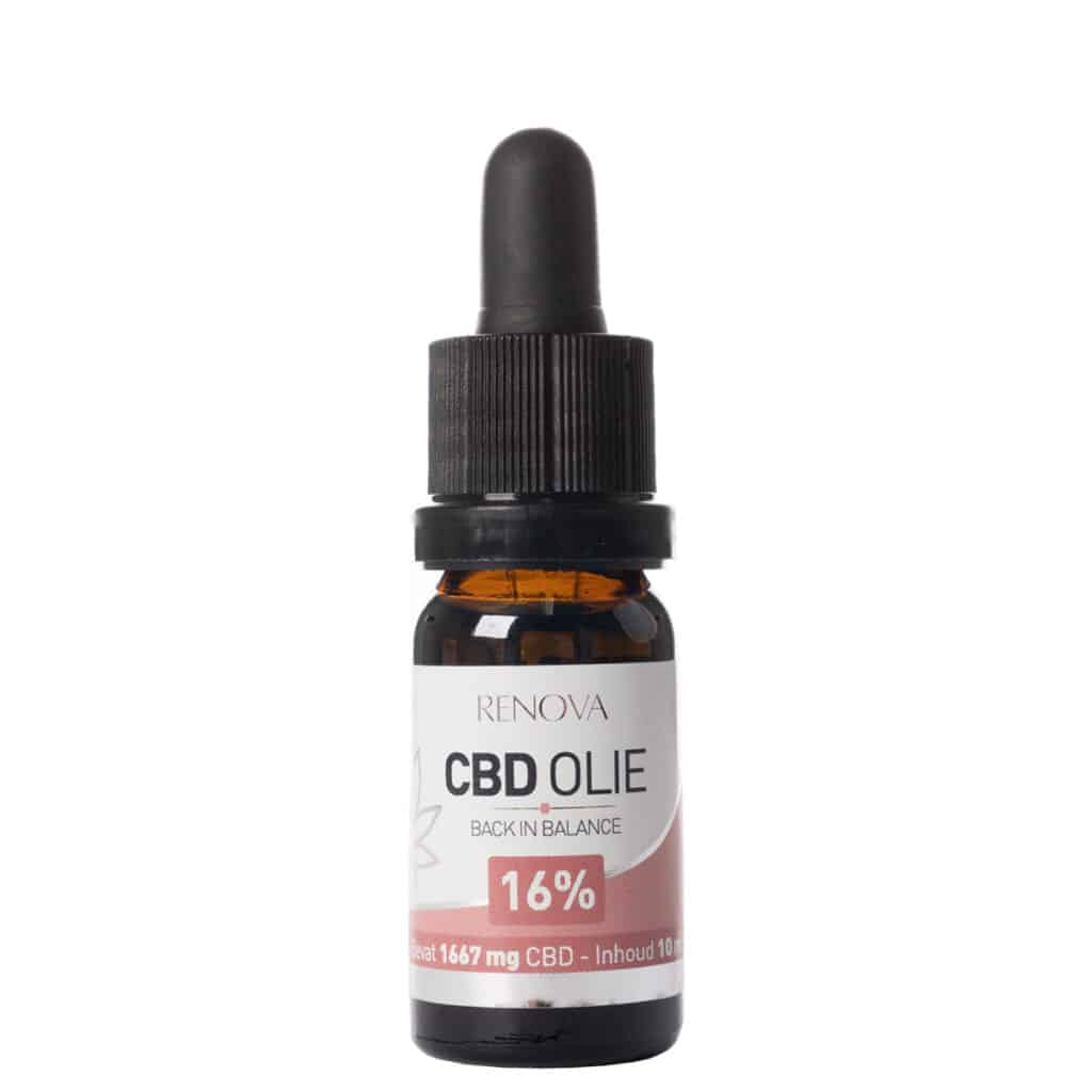 Een fles Renova - CBD olie 16% (10ml) op een witte achtergrond.