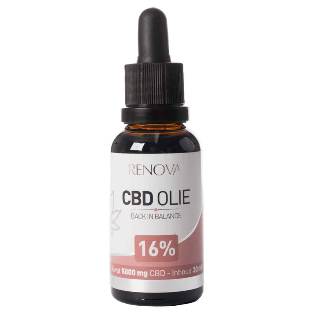 Een flesje Renova - CBD olie 16% (30ml) op een witte achtergrond.