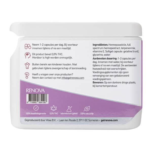 De Renova CBD capsules 40% (65 mg) worden geleverd in een witte verpakking met een paars etiket met supplementinstructies en ingrediënten in het Nederlands. Symbolen voor GMO-vrij, veganistisch en glutenvrij zijn inbegrepen, samen met contactgegevens en een barcode.